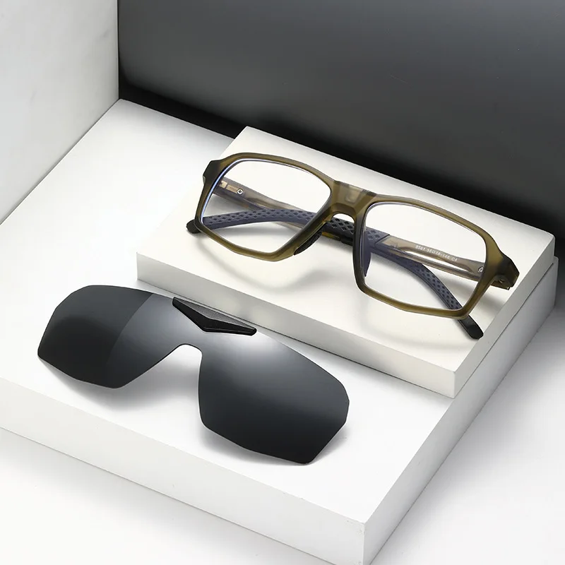 Square Full Rim Optical Magnet Eyeglasses with Sunglasses Clip And Night Driving Clip Sports Style 55mm Wide Spring Temple