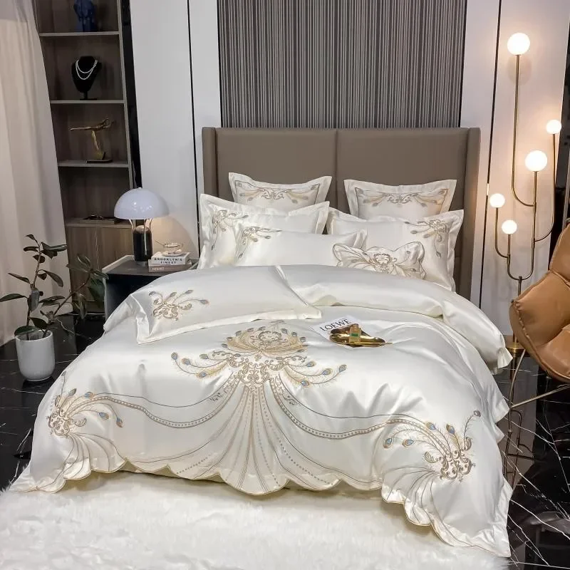 4Pcs White Gray Sateen Gold Embroidery Luxury Satin Cotton Bedding set Double Queen King Comforter Cover Bed Sheet Pillowcases