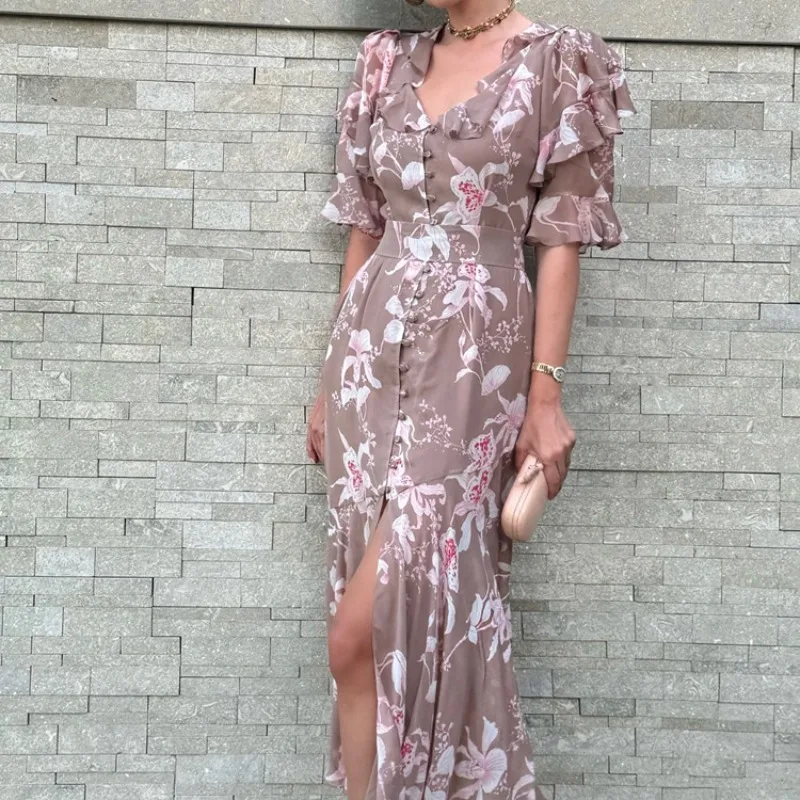 Elegantes Blumenmuster Korsett-Maxikleid Bohemian Damen V-Ausschnitt Rüschen Kurzarm Schlitz A-Linie Party-Urlaubskleid 2026 Sommer – Detail 11