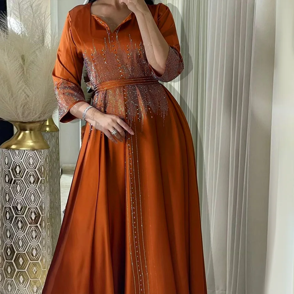 

Eid Satin Evening Party Dresses for Women Diamonds Muslim Abaya Dubai Turkey Kaftan Ramadan Islamic Jalabiya Arabic Robe Caftan