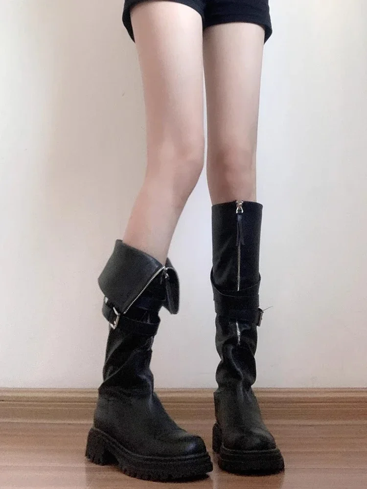 Womens Black Platform Knee High Boots Spring Autumn Belt Buckle Elastic Slim Fit 2-Way Wear Moto Riding Boots