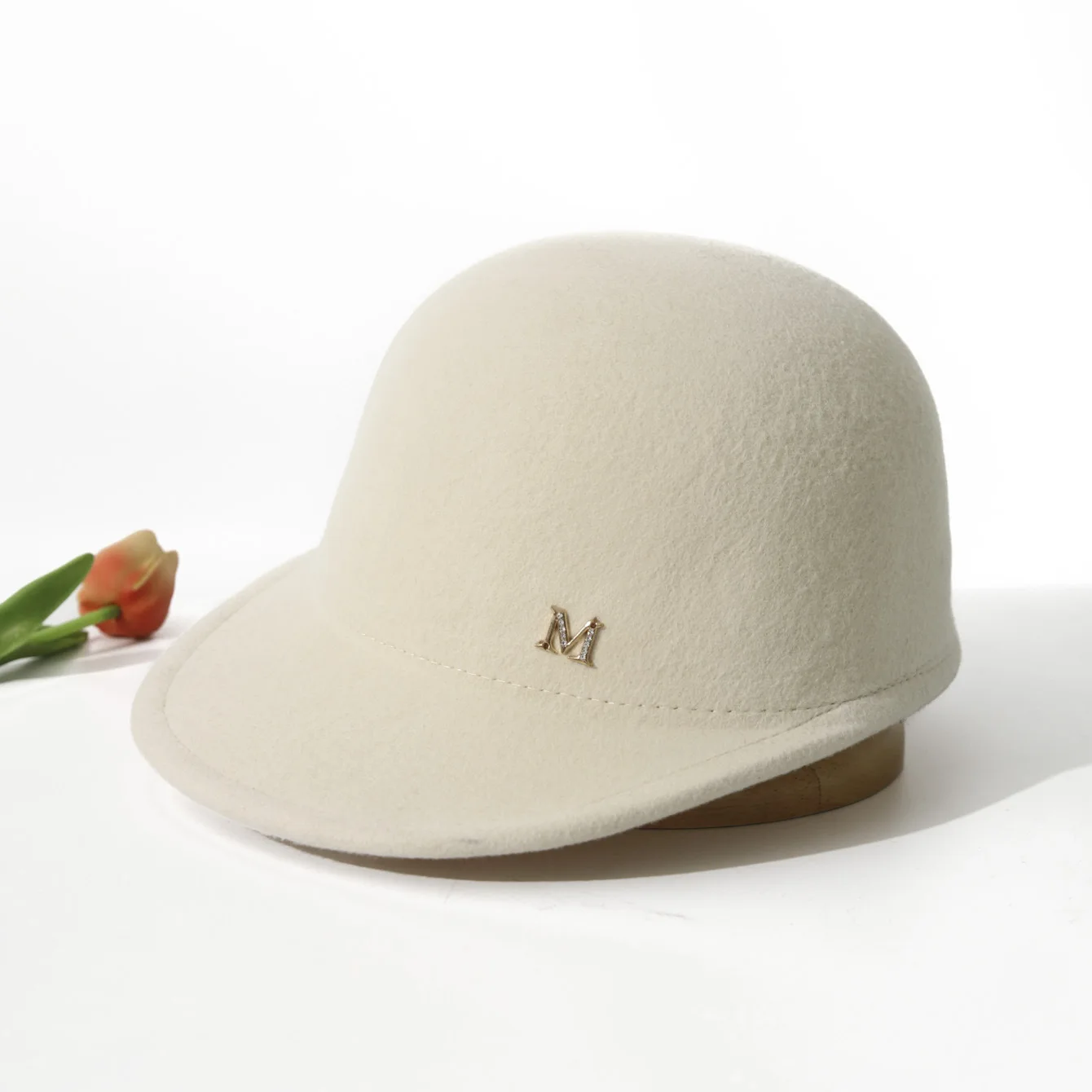 Ultra Light Wool Tweed Baseball Cap, Slim Face Visor Hat with M Logo, Warm Winter Hat