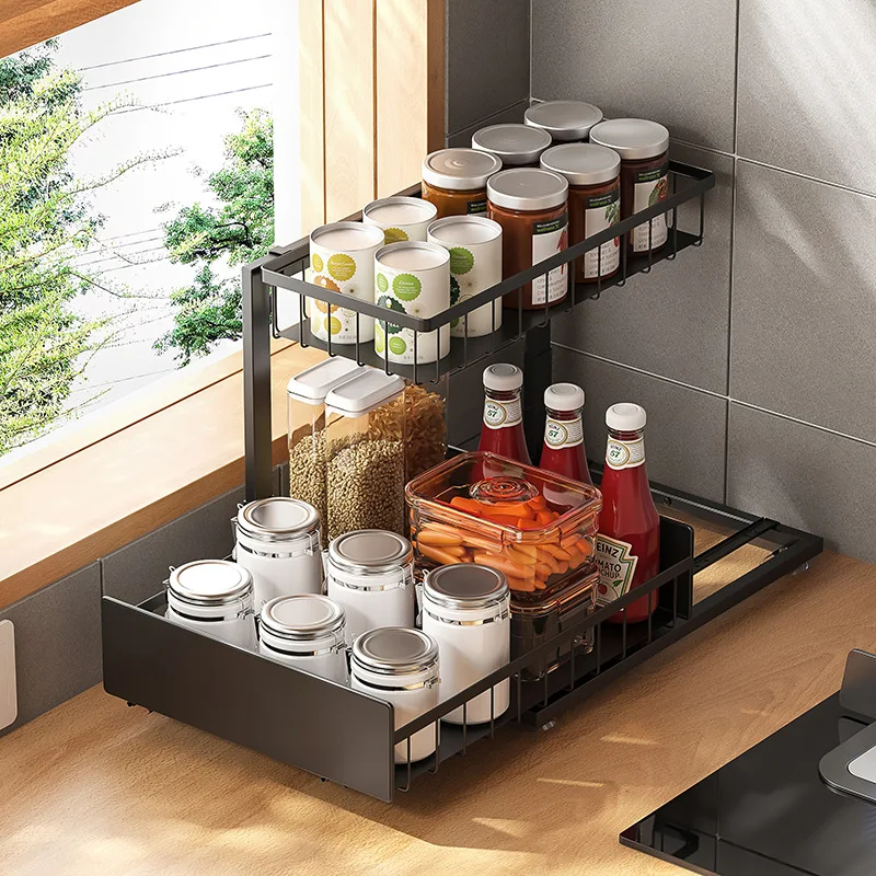 

Under Cabinet Kitchen Spice Rack Multi-Layer Storage Baskets with Pull Design Cutlery Holder Thickened Carbon Steel Shelf