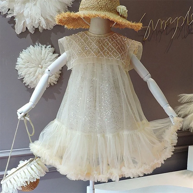 New Girls Princess Dress Princess Tulle Sweet Gown Children's Casual Spring Summer Vestidos Kids Pearl Neck Mesh Dress 2-14Y