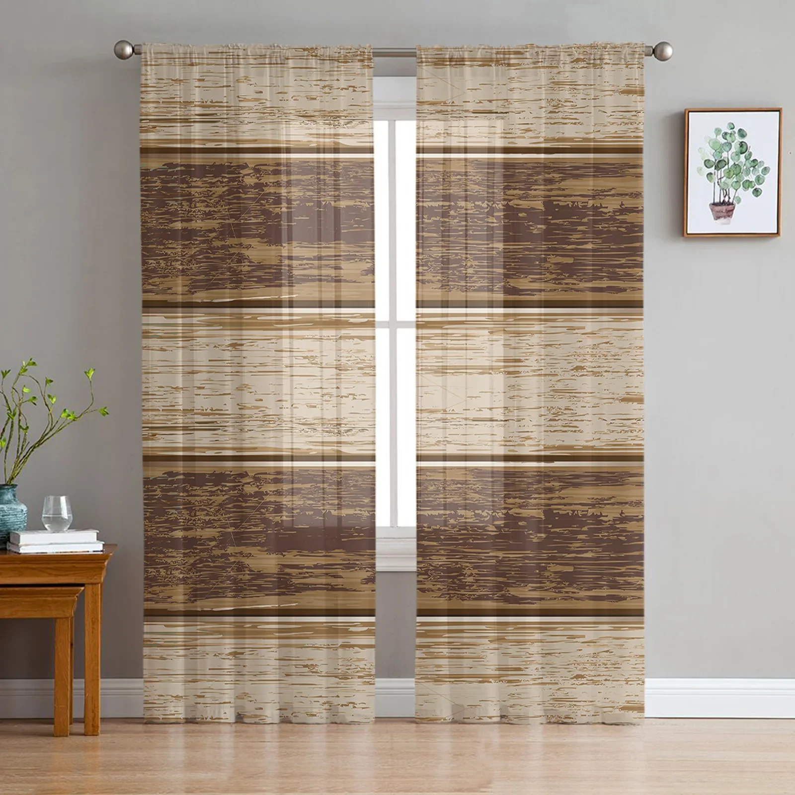 Brown Retro Wood Grain Rustic Sheer Curtains for Living Room Decoration Window Curtain Kitchen Tulle Voile Organza Drapes