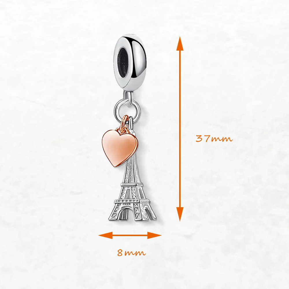 Real 925 Sterling Silver EIFFEL TOWER With Heart Charms Beads Pendant Women Jewelry Gift