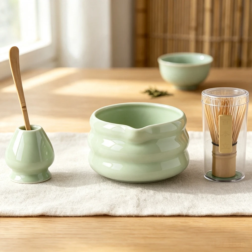 Japanese Ceramic Matcha Set, Spouted Matcha Bowl, Bamboo Chashaku Scoop & Chasen, Matcha Tea Tool Kit with Gift Box, 4‑Piece Set