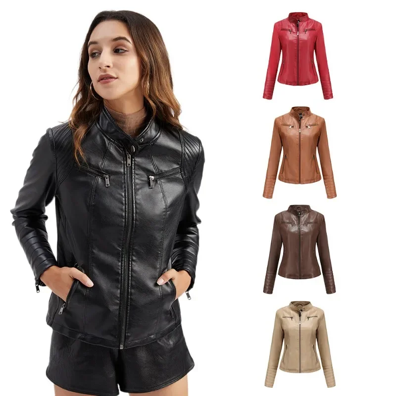 Jaket kulit PU wanita, mantel kulit PU Slim Fit, kerah berdiri, pakaian motor tipis Musim Semi dan Gugur