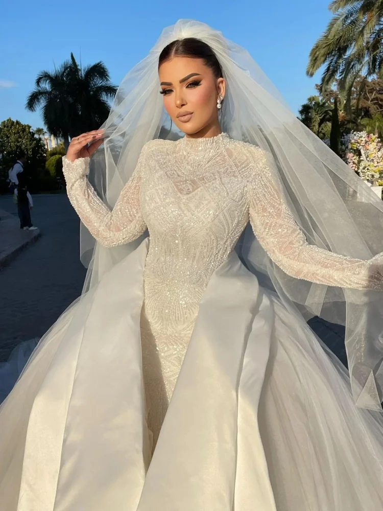 Customized 2026 Luxury And Noble Wedding Dress With High Neck Long Sleeves Pearl Embroidery Sequins Satin Yarn Matching