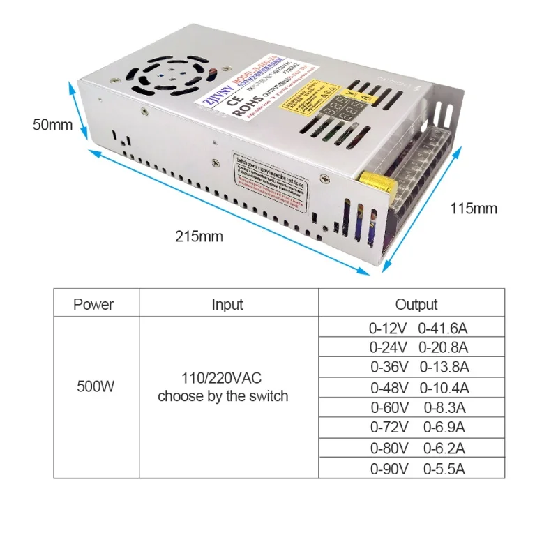 500W Adjustable Switching Power Supply AC 110V/220V to DC 0-12V 24V 36V 48V 60V 72V 80V 90V S-500 with Dual Display