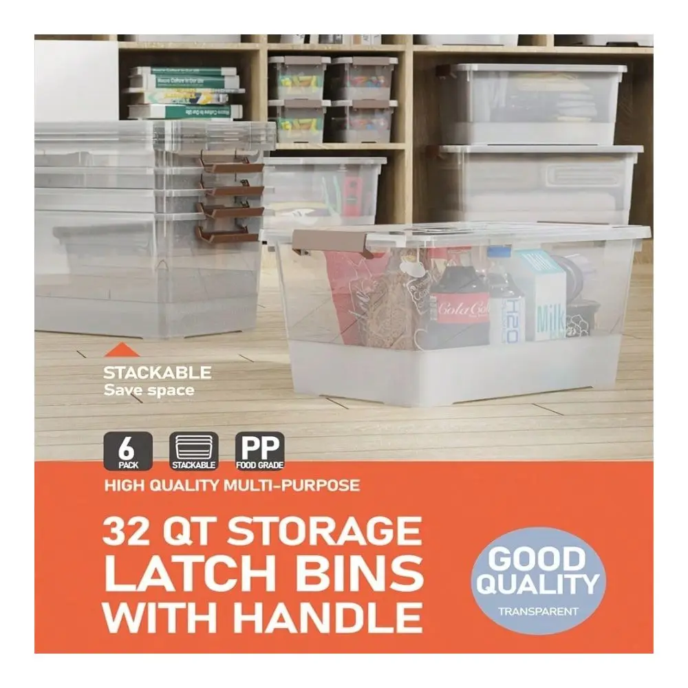 

Of 6 Transparent Plastic Storage Bins, Each With A 32Quart Capacity, Featuring Lids And Secure Latching Buckles. These Stackabl