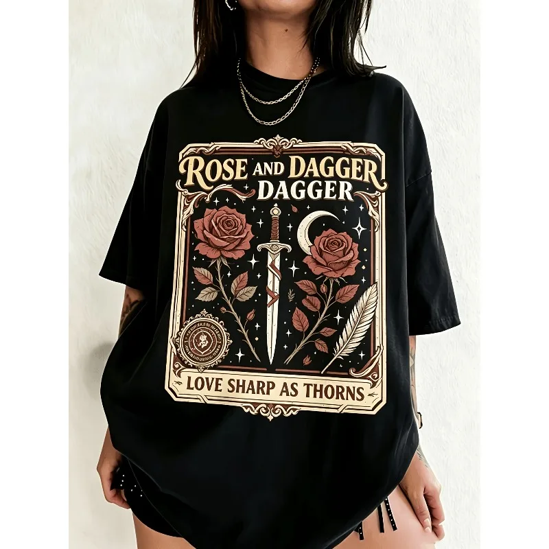 Dark Gothic Retro Gothic Rose Dagger Printed T-shirt Women's T-shirt Street Retro Harajuku Wind Cotton Unisex