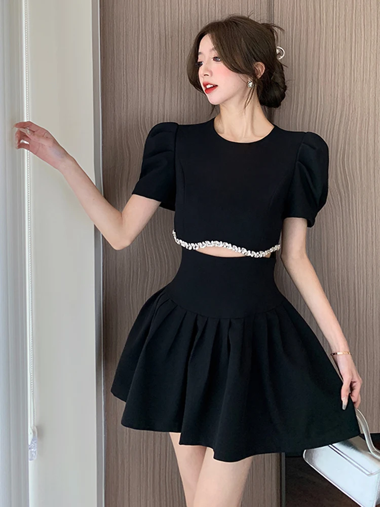 

Summer Vintage Elegant Dress For Women Sexy Hollow Out Party Ladies High Waist Pleated O Neck Puff Sleeve Mini Dress