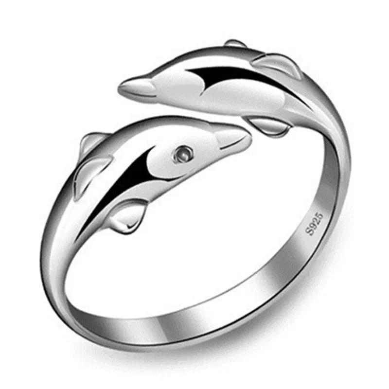 925 Sterling Silver Jewelry Open Happy Double Dolphin Love Rings For Women Party Gift Adjustable Ring Anillos Bague