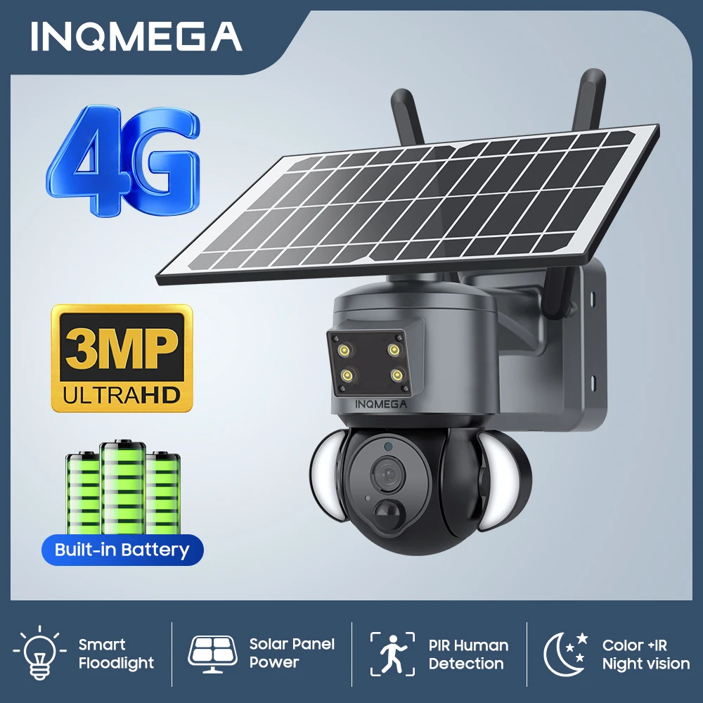 INQMEGA 3MP WIFI/4G Wireless PTZ Solar Camera Outdoor Camera Motion Detection Two Channel Audio PIR Security Surveillance Camera