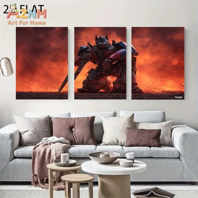 Optimus Prime Robot Kneeling Pose Fire Smoke Red Sky Background Transformers Canvas Wall Art No Frame Movie Print Modern Home