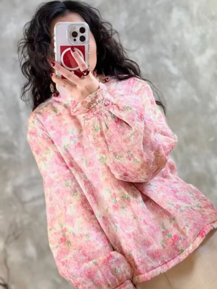 

Pink Floral Linen Cotton Jaet Women's Winter Thiened Warm Floral Trim Cotton Coat Loose Fit Retro Sle Long Sve