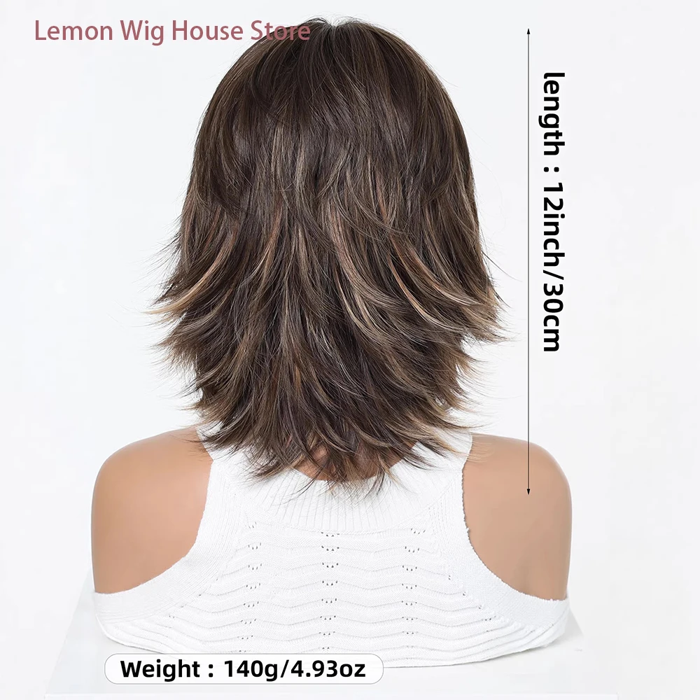 Picture 5: Shaggy Layered Short Synthetic Wig Dark Brown with Caramel Blonde Highlights Wolf Cut with Bangs Daily Women Wig Heat Resistant