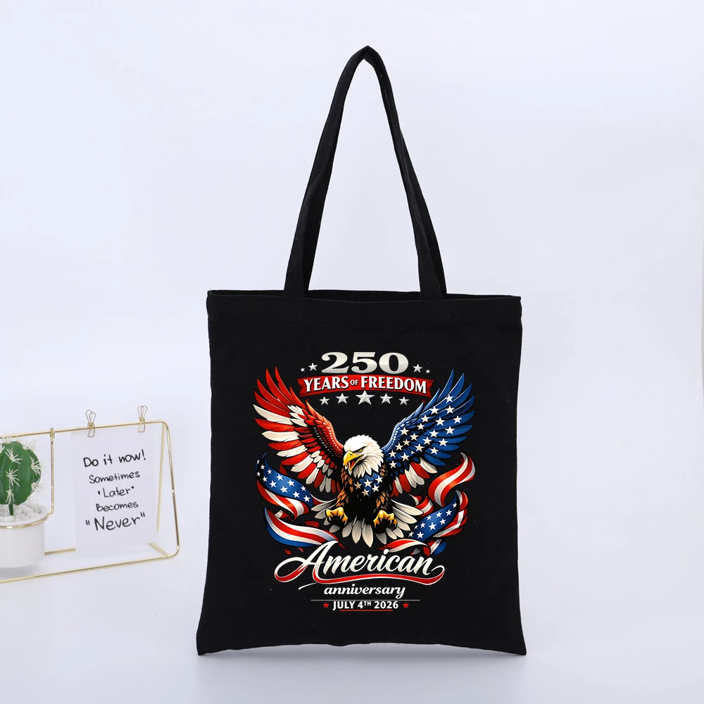 Eagle Graphic Black Canvas Tote Bag, Vintage Style for July 4th Celebrations and Daily Shopping