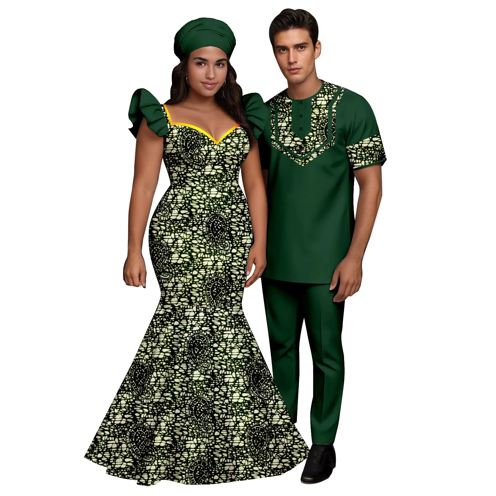 

Sale New African Print Ruffles Mermaid Maxi Dresses for Women Matching Men Outfits Top and Pant Sets Bazin African Couple Clothe