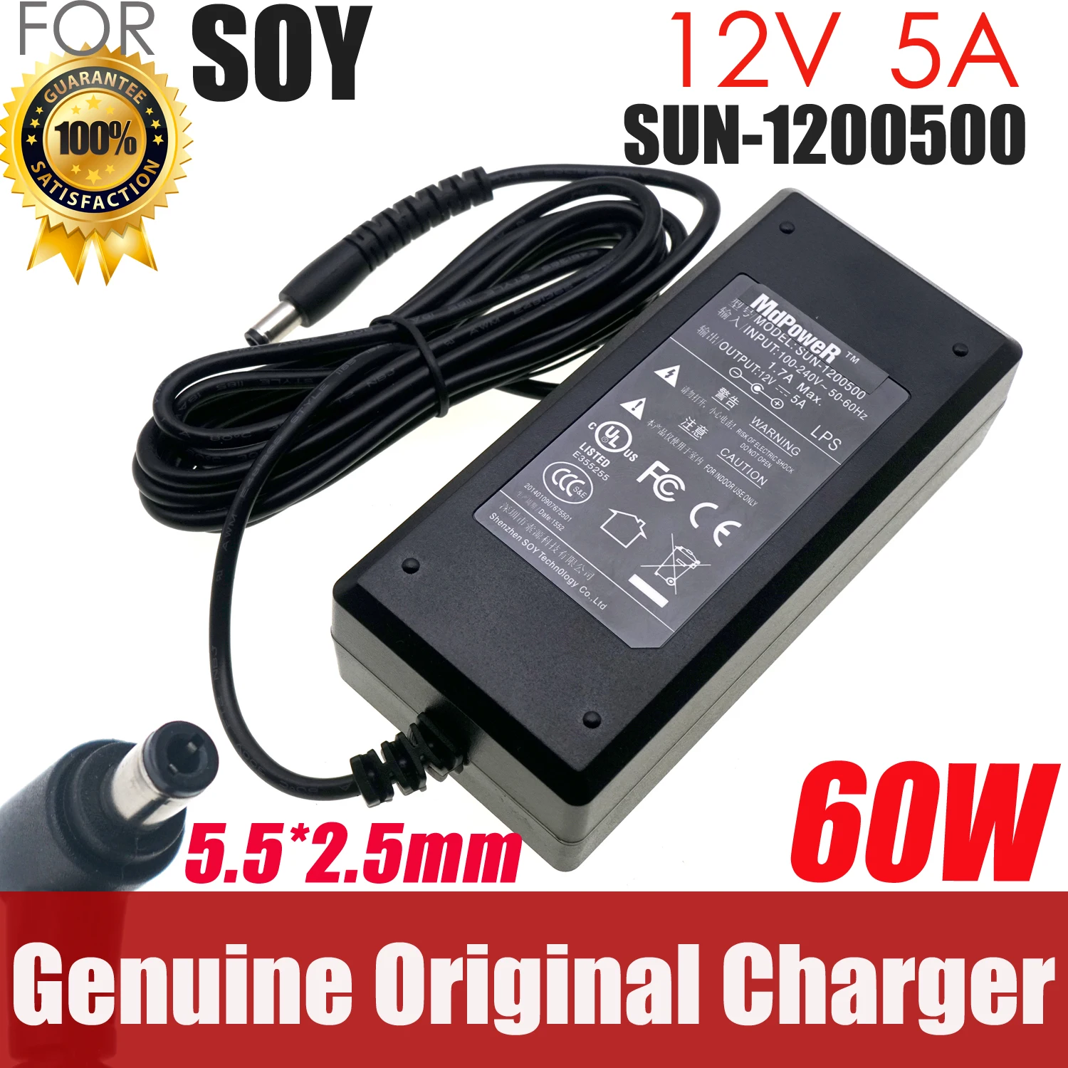 Cargador/adaptador de alimentación genuino para monitor LED MSI Optix AG32C AG32CQ de 32 pulgadas, fuente de alimentación de 12V 5A 4A 60W SOY-1200500/ SUN-1200500