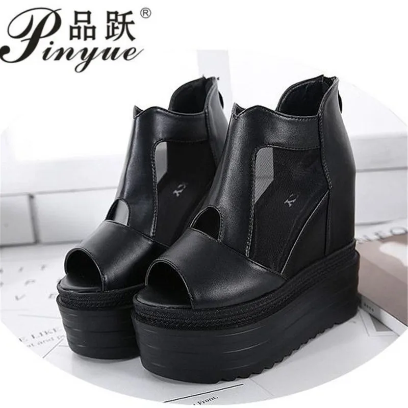 12CM High Quality Soft Leather Summer New Sandals High Heel Platform Sandal Boot Wedge Peep Toe Women\'s Shoes Hollow Roman Shoes