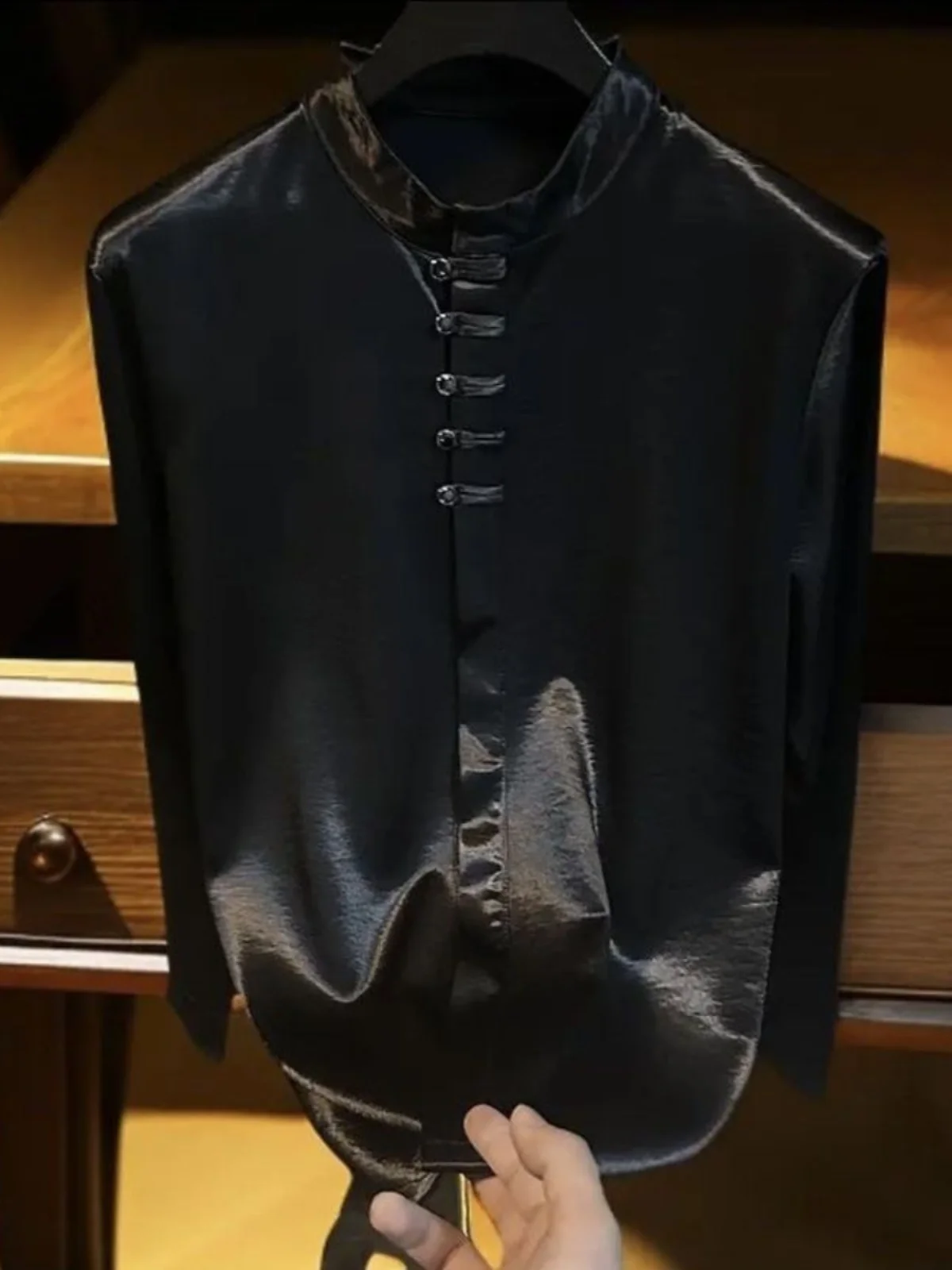 New Chinese Style Men's Long Sleeve Shirt Spring Summer Acetate Casual round Neck Button up Luxury Casual Top for Youth