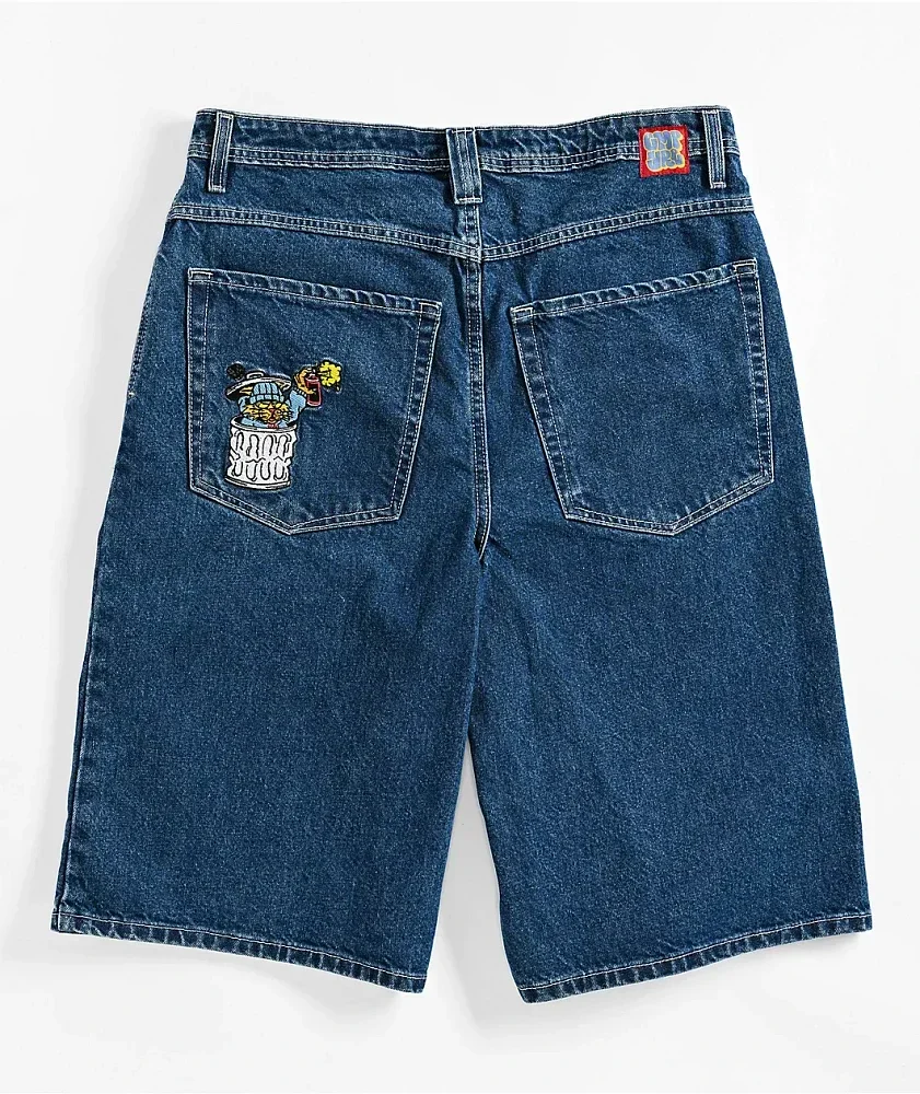 Y2K New Products Ultra Loose Blue Denim Skate Shorts Cowboy Skateboard Shorts Cartoon Embroidery Loose pants HipHop Street Jeans