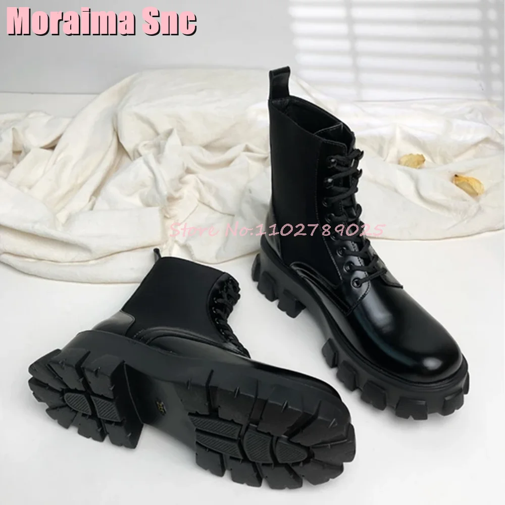 Pocket Decor Round Toe Ankle Boots Strap Thick Bottom Lace Up All-Match Fashion Autumn Winter Women Boots Black Solid 2023 New