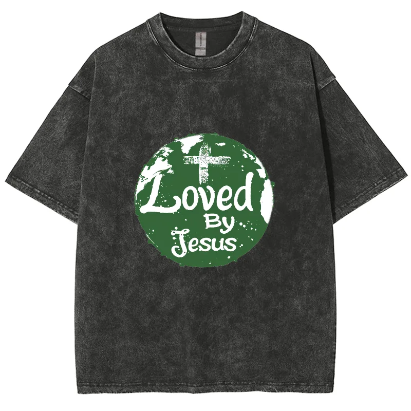 Loved By Jesus Y2k Washed Short Sleeves T Shirt, Cartoon Creative Printed Unisex Vintage Streetwear New Fashion Casual Plus-Size