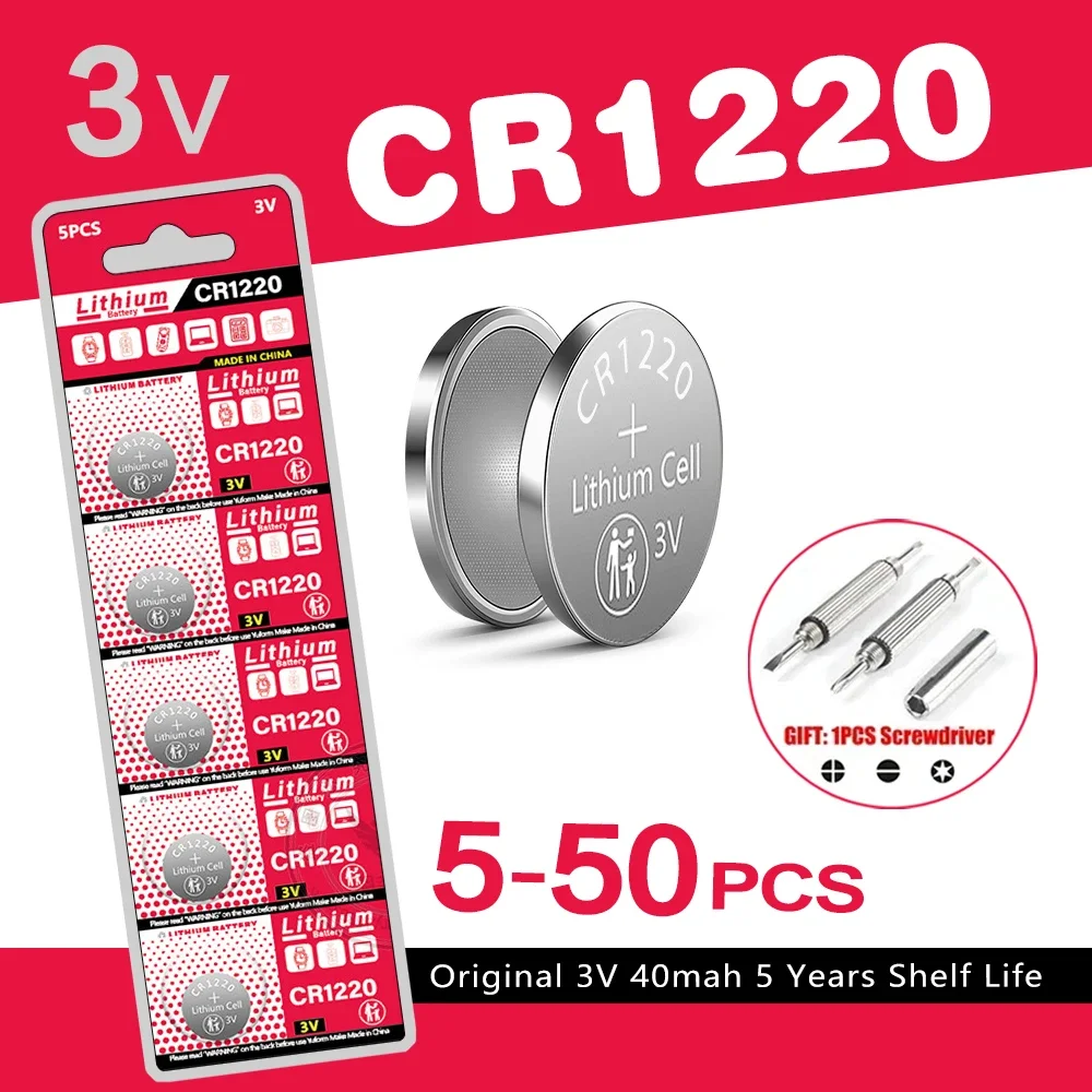 High Capacity New 5-50Pcs CR1220 Batteries - 3V Lithium Coin Cell CR 1220 Battery for Watches Healthcare Devices Calculator Etc