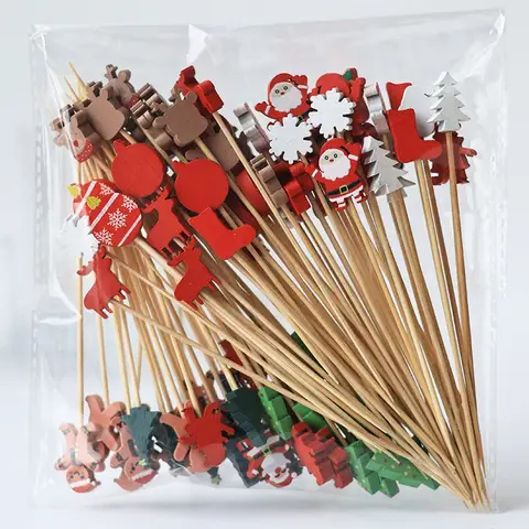 100pcs Disposable Bamboo Skewers Christmas Fruit Forks Candy Apple Sticks Creative Cocktail Picks Party Decoration Bamboo Sticks