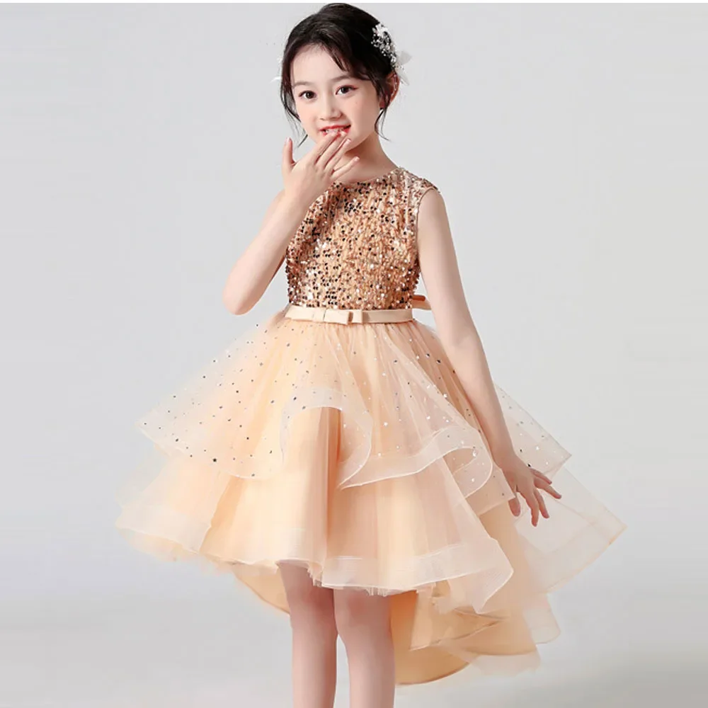 4-16Y Sparkling Sequins Elegant Dress for Girl Tutu Layered Kids Ceremony Bridesmaid Christmas Gown Red Children Party Prom