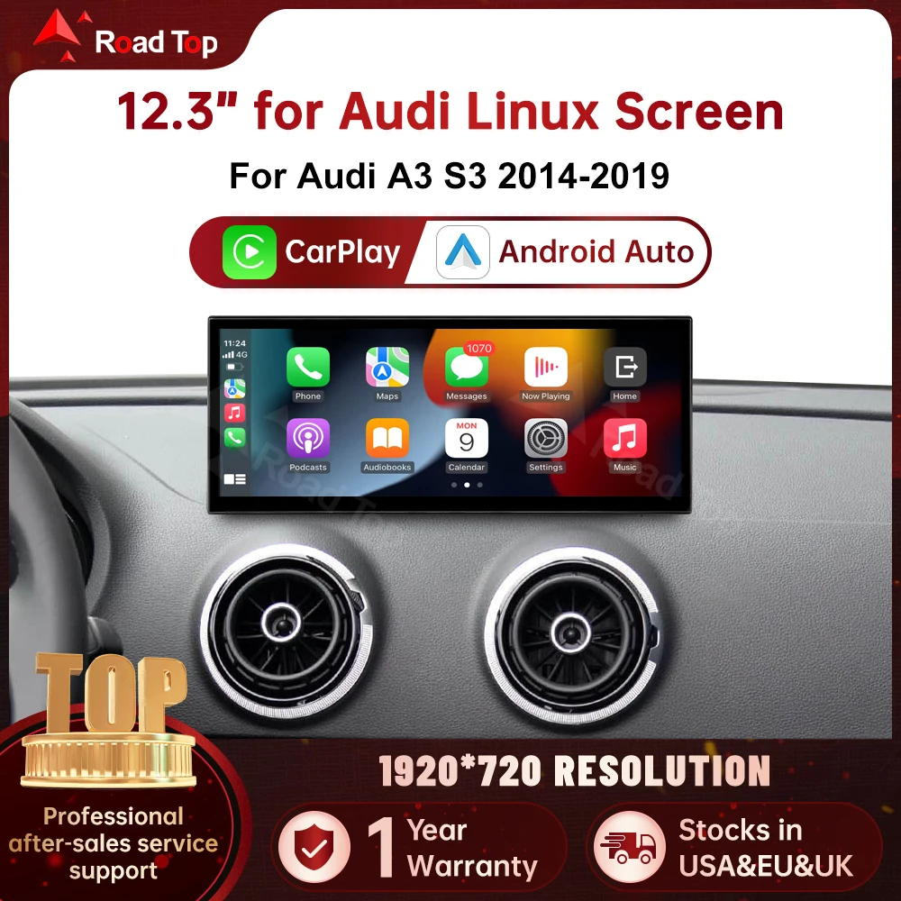 12.3 RoadTop Wireless CarPlay Per Audi A3 S3 B9 MIB MIB2 2014-2019 Multimedia Linux Schermo Android Auto Airplay Autolink