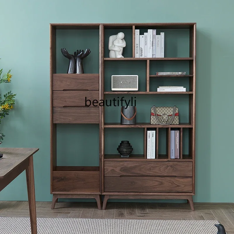 

VSolid Wood Bookcase Black Walnut Wooden Display Case Nordic Study Free Combination Bookshelf