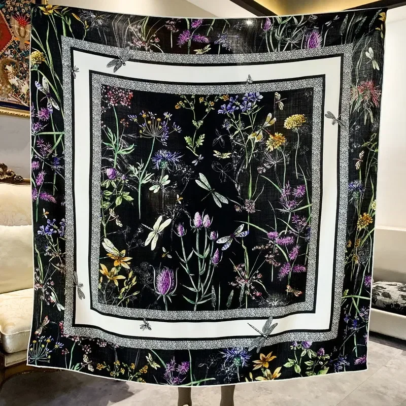 

High-end Elegant Women's Exquisite Dragonfly Garden Double Sided Print Quality Silk Wool Hand-rolled Edge Big Square Scarf Shawl