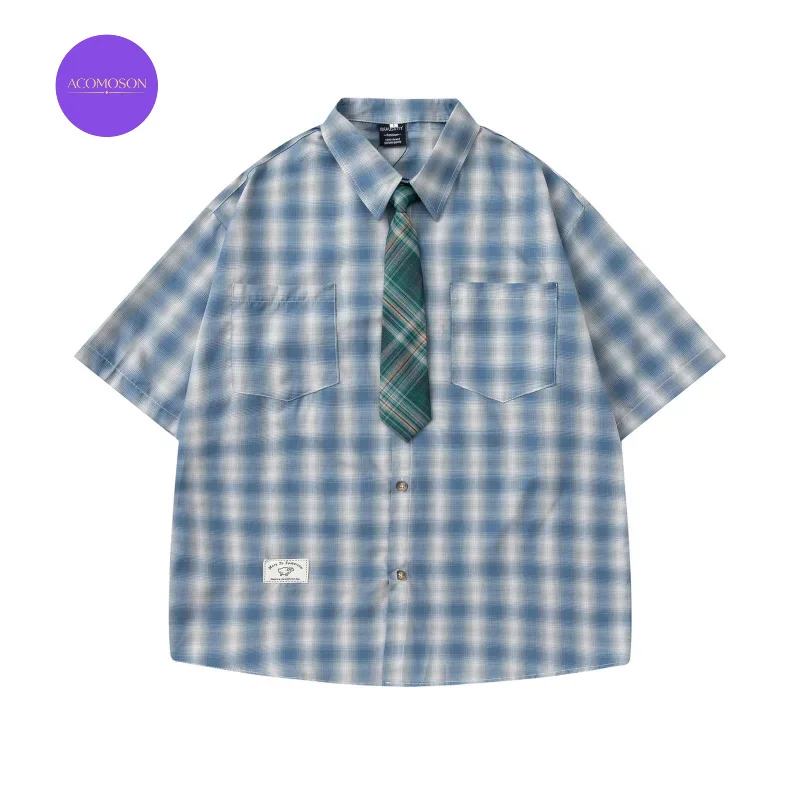 ACOMOSON EU US Size Top Quality Plaid Turn-down Collar Tie Short Sleeve Shirt Unisex Loose Fit Casual Schoole Checked Shirt