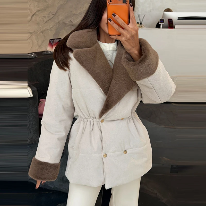 Casual Thicken Fur Patchwork Coats Women Full Sleeve Lapel Double Breasted Closed Waist Jackets Female 2026 Winter Lady Outwears