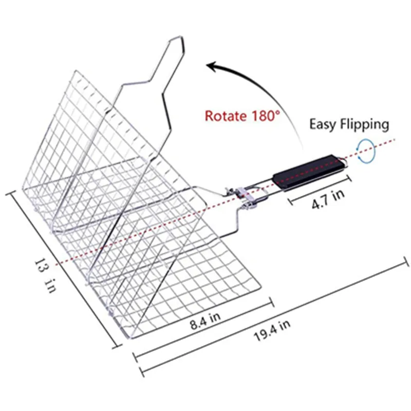 Barbecue Basket Stainless Steel Detachable Folding Square Grill For Roasting Fish Shrimp And Kabob Vegetables On The Stove