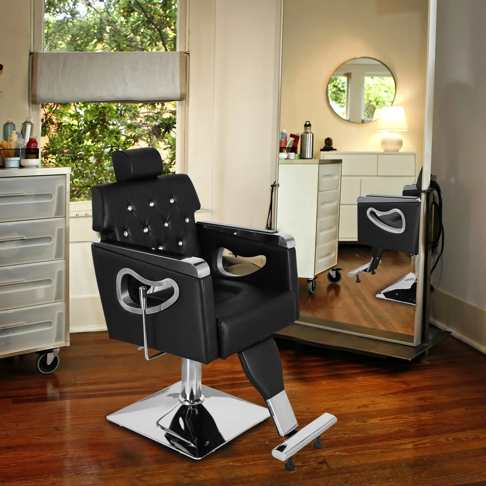 PVC Leather Cover Inlay Diamond Galvanized Square Tray with Footrest Retractable Barber Chair 300.00Lbs Black[US-Stock]