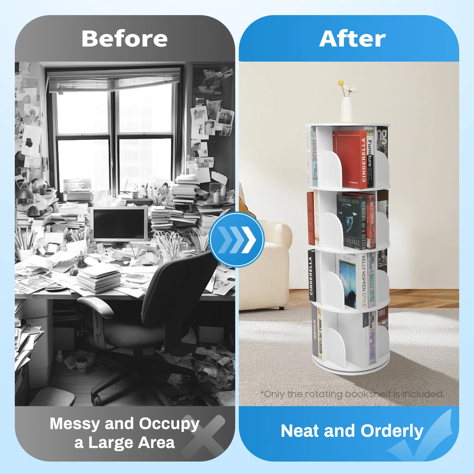 Rotating Bookshelf , 360 Display Bookcase, 4-Tier Corner Bookshelf , Floor Standing Bookshelf for Living Room, Office