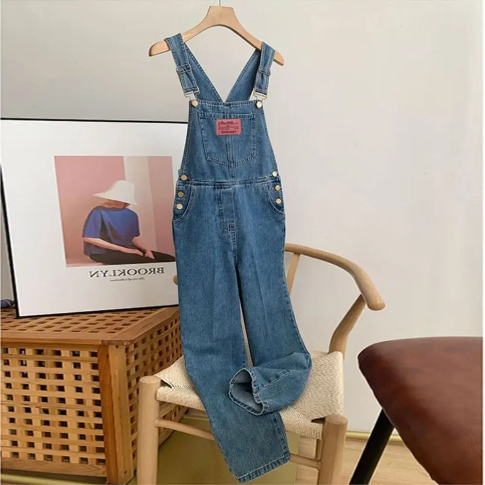 Coole S-5XL Denim Overall Hohe Taille Flut Cowboy Breite Bein Hosen Beiläufige Lose Riemen Gerade Jeans Hosen Herbst