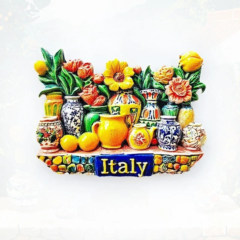 Italian Pottery with Lemons & Flowers Fridge Magnet - 3D Mediterranean Souvenir Rustic Farmhouse Decor Unique Europe Gift