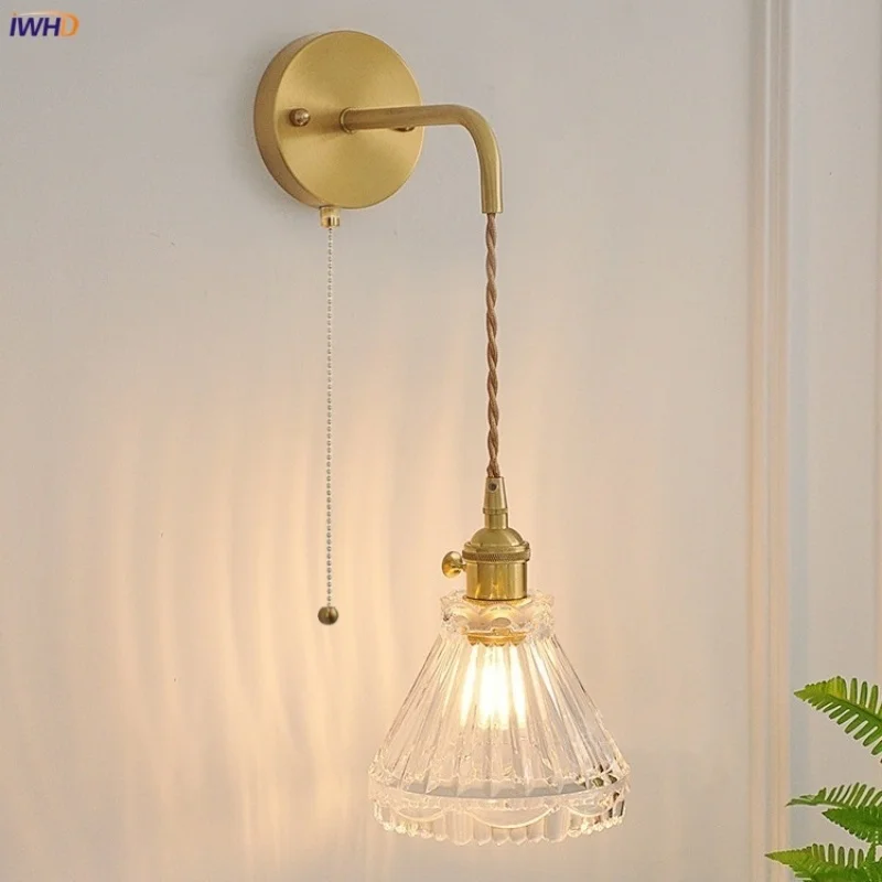 

IWHD Nordic Modern LED Wall Lights Restaurant Study Aisle 70cm Wire Adjustable Clear Glass Pull Chain Switch bedside Lamp Sconce