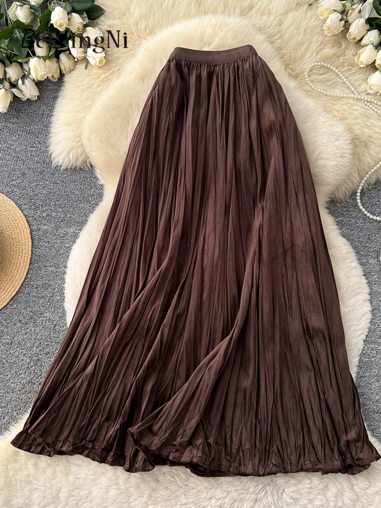 Beiyingni Autumn Korean Woman High Waist Skirt Solid Color Elegant Pleated Mid-Calf Skirts Feminine Winter New Arrivals OL Skirt