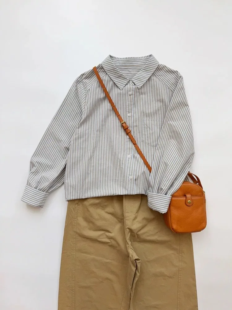 

Повседневная полосатая рубашка из чистого хлопка с длинными рукавами, женская дышащая рубашка для весеннего сезона, утягивающая фигуру, многослойная рубашка, антивозрастная верхняя одежда