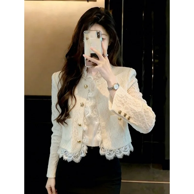 French Style Women Spring Elegant Socialite Lace Short Jacket High Class Waist Cropped Outer Top