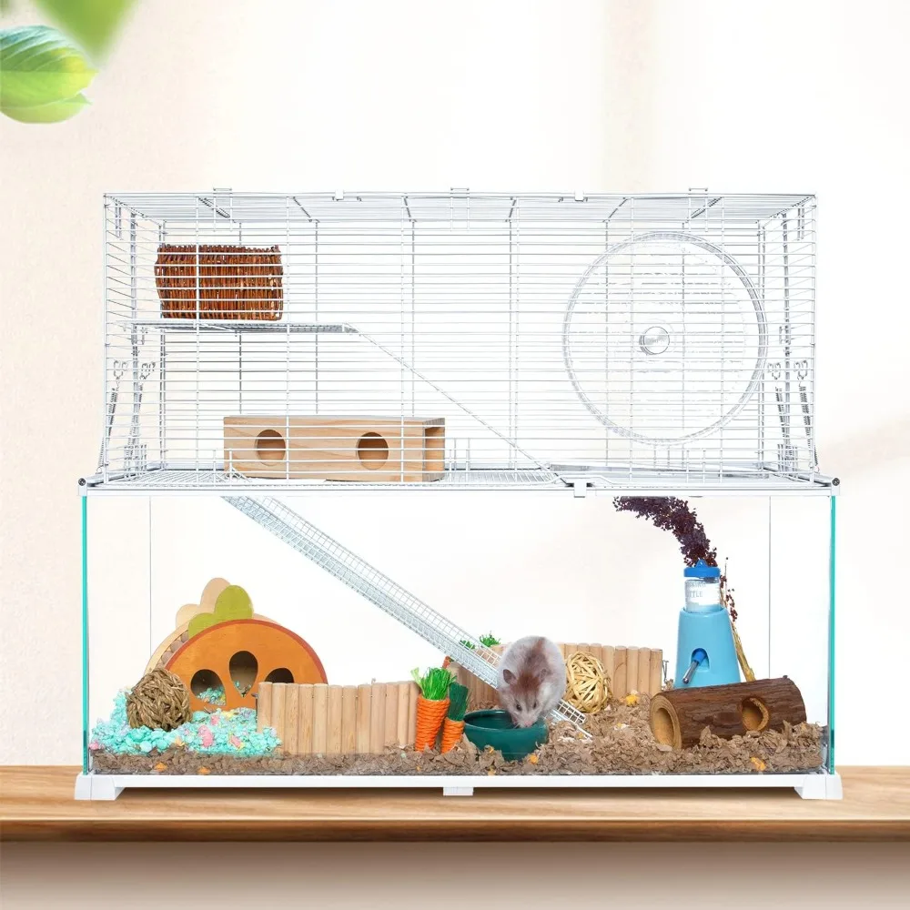 3 Tiers Large Hamster Cages, Glass Hamster Cage Habitat with Openable Wire Topper, Gerbil Cage with Two Ladders Ramps