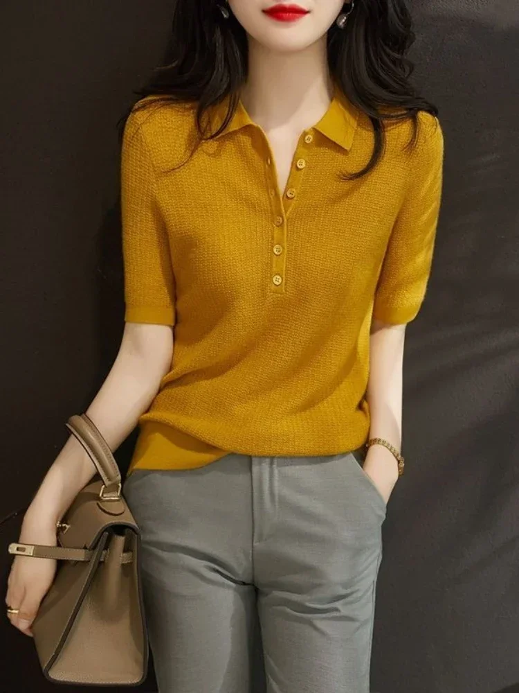 Yellow Polo Neck Shirt Button Knit Pink Women's T Shirts Plain Top Clothes Short Sleeve Tee New Synthetic Aesthetic Summer 2024