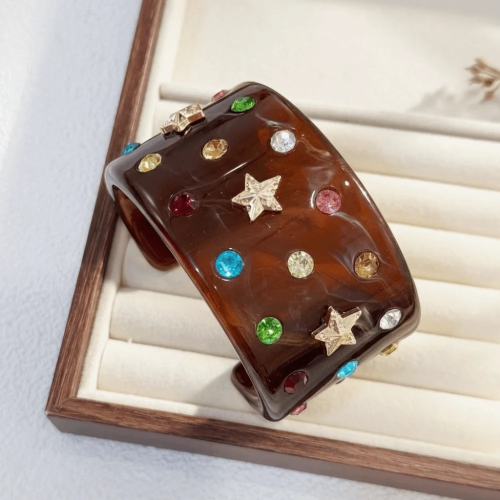 Chunky Shell Bracelets Exaggerated Colorful Bright Beach Rhinestone Bangle Resin C-shaped Open Bracelet Girls Accessories